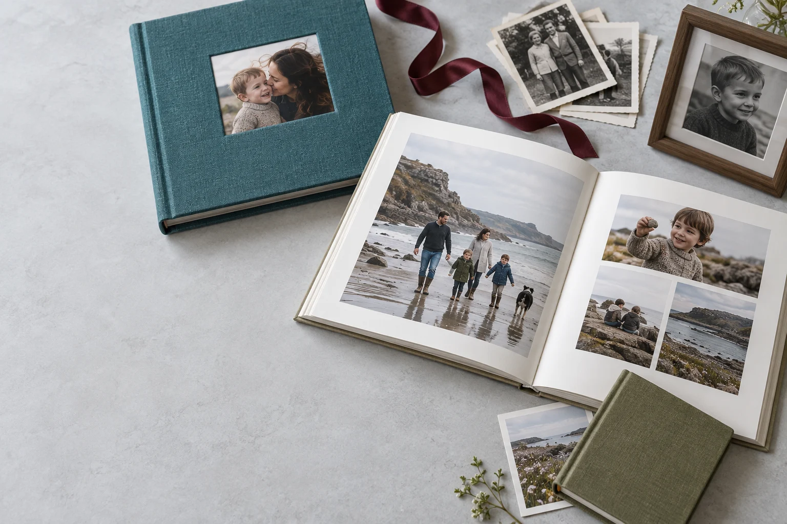 Photographs, albums and letters together on a table