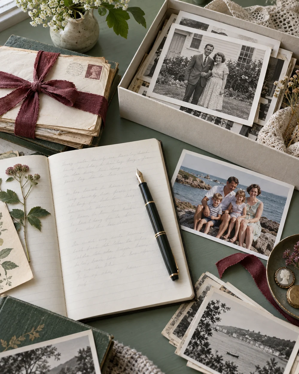 An open notebook beside letters and old family photographs